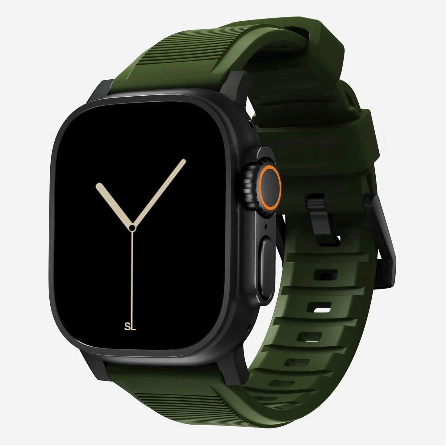 Army green silicone with brush metal connectors, pin and buckle watch strap with compression grooves designed for Apple Watch series 11, 42mm, 46mm and Ultra 3 side angle