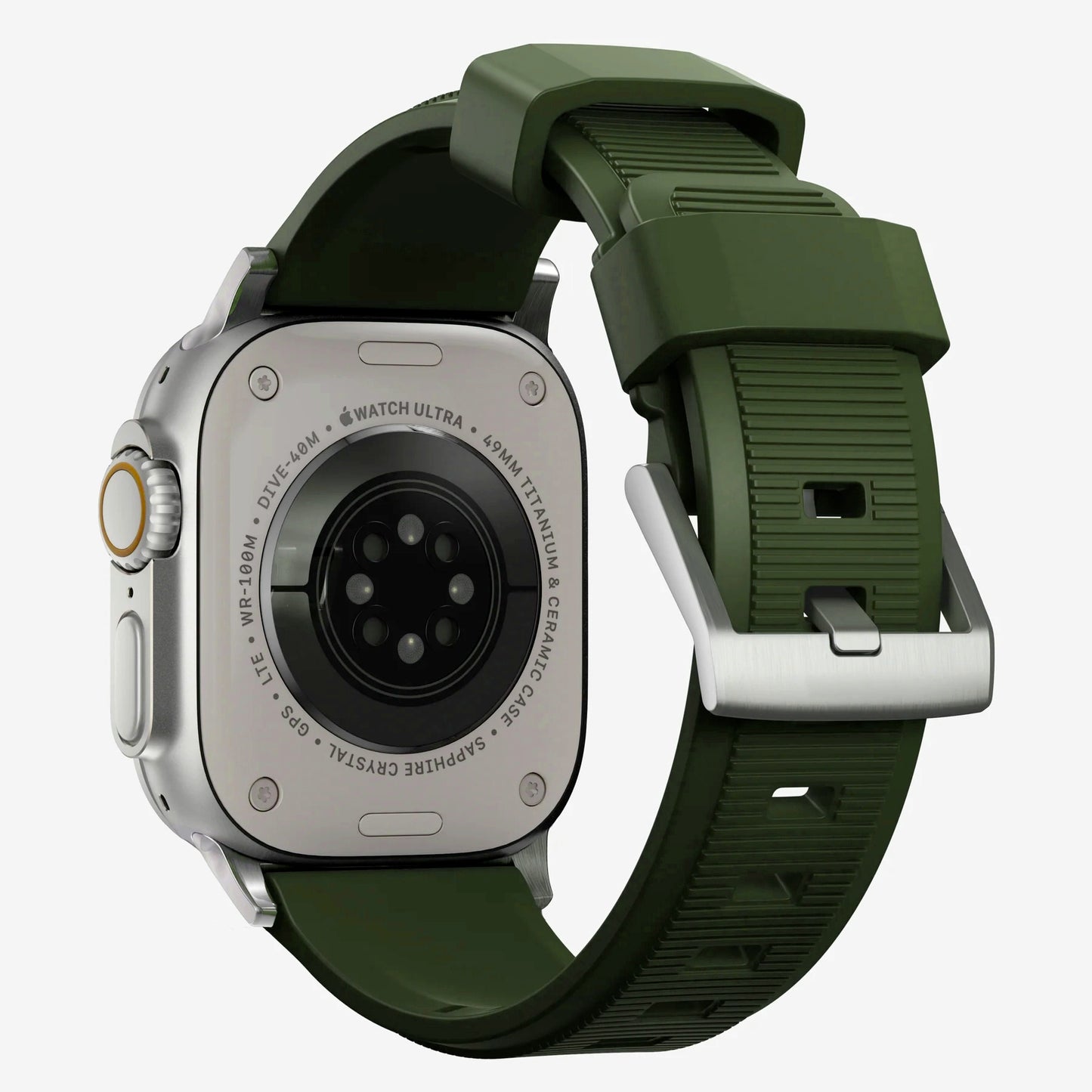 Army green silicone with brush metal connectors, pin and buckle watch strap with compression grooves designed for Apple Watch series 10, 42mm, 46mm and Ultra 2 side angle