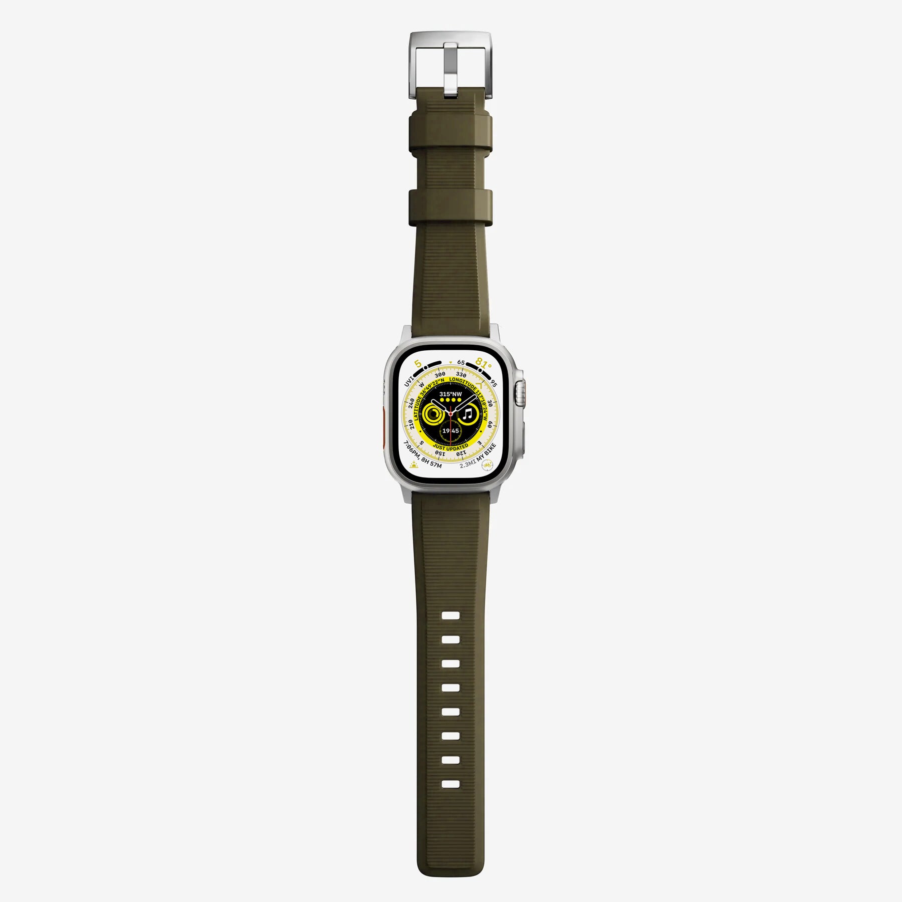New army green silicon with metal connectors, pin and buckle watch strap with compression grooves designed for apple watch series 9 45mm and ultra 2 side angle