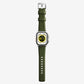 Army green silicone with brush metal connectors, pin and buckle watch strap with compression grooves designed for Apple Watch series 10, 42mm, 46mm and Ultra 2 side angle