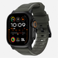 Ash green silicone with metal connectors, pin and buckle watch strap with compression grooves designed for apple watch series 10 45mm and 46mm and ultra 2 side angle