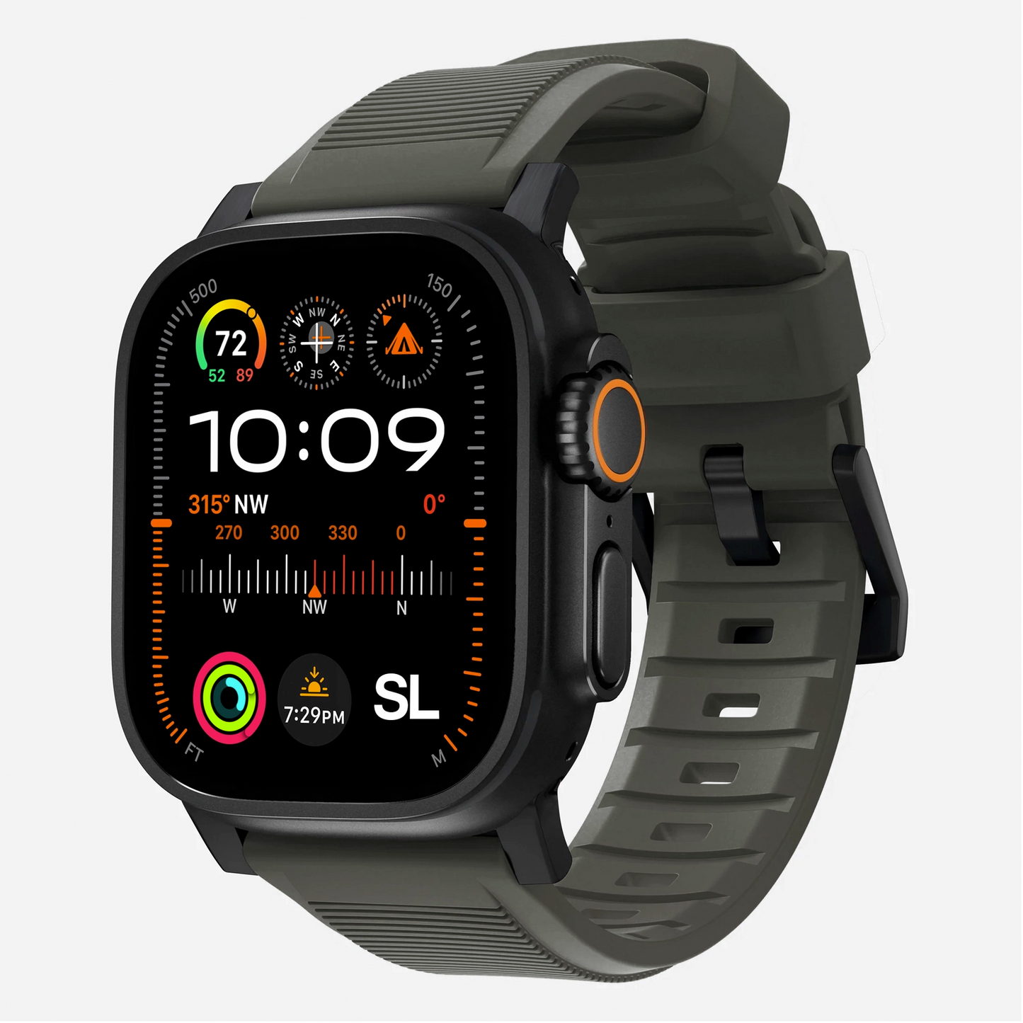 Ash green silicone with metal connectors, pin and buckle watch strap with compression grooves designed for apple watch series 10 45mm and 46mm and ultra 2 side angle