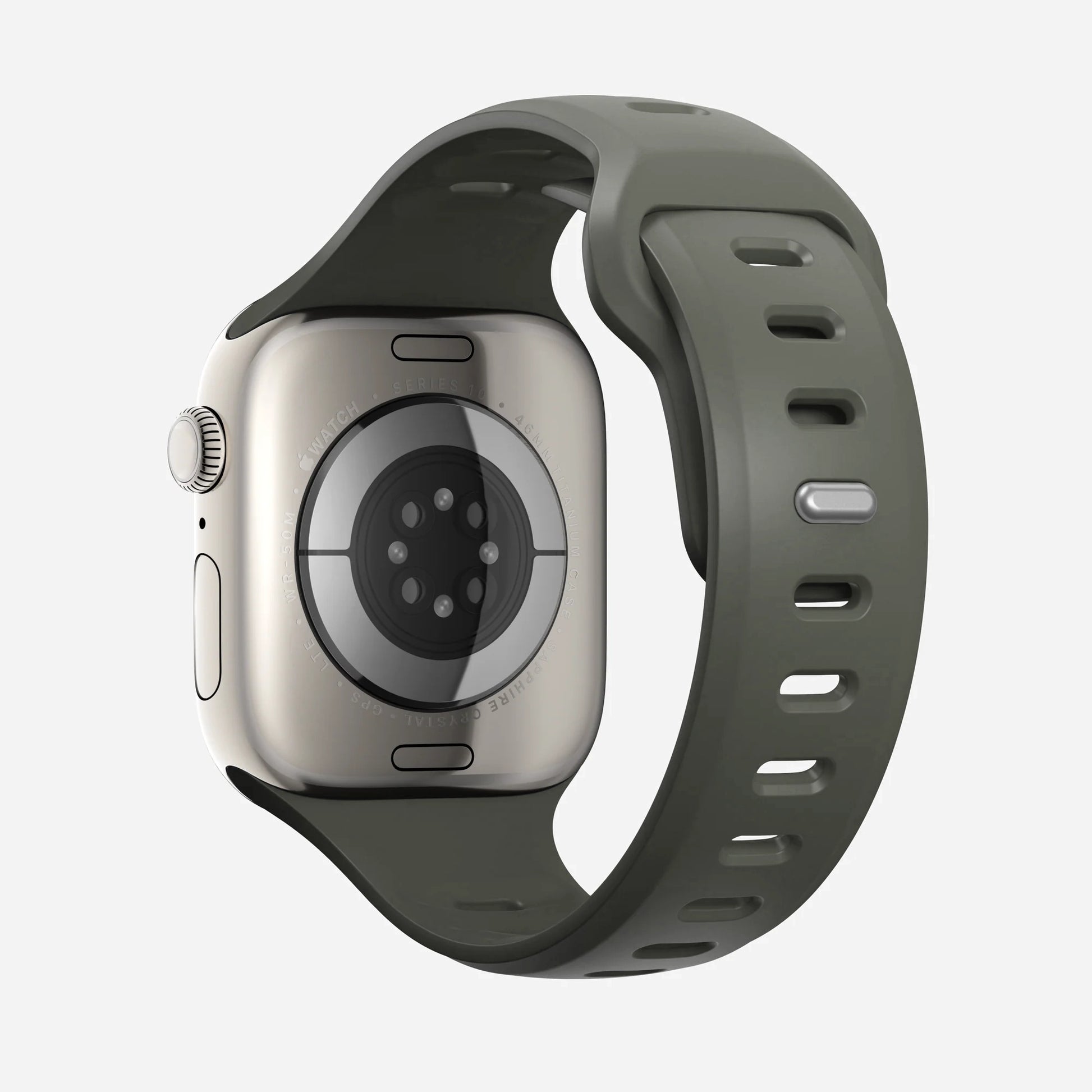 A ash Green colour premium silicone watch strap developed for apple watch series 11 size 42mm 46mm and apple watch ultra 3, designed for active sports activities with interior groves for breathability