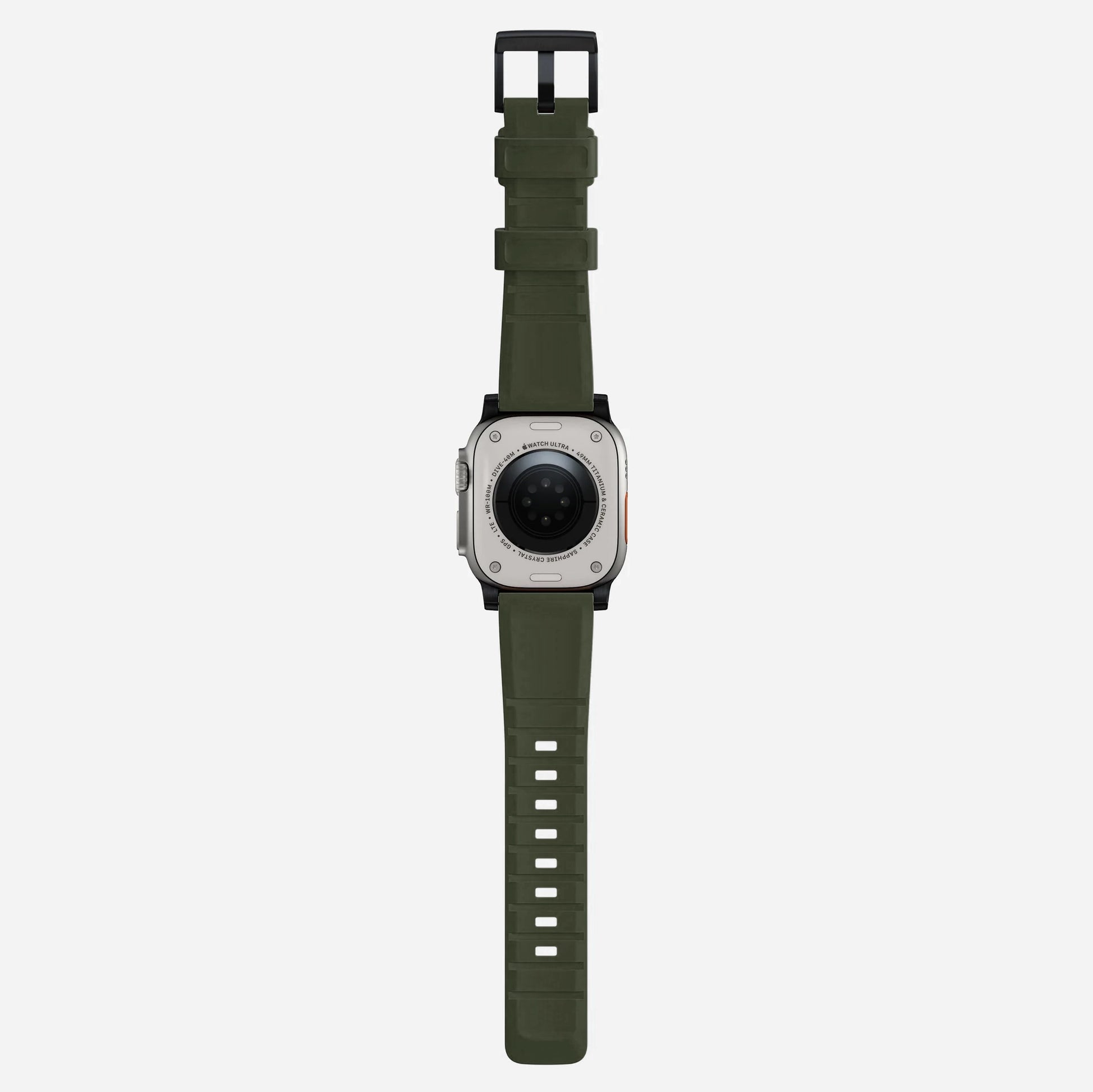 Ash green silicone with metal connectors, pin and buckle watch strap with compression grooves designed for apple watch series 10 45mm and 46mm and ultra 2 side angle