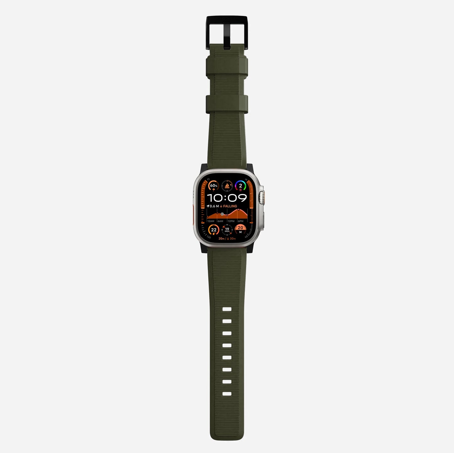 Ash green silicone with metal connectors, pin and buckle watch strap with compression grooves designed for apple watch series 10 45mm and 46mm and ultra 2 side angle