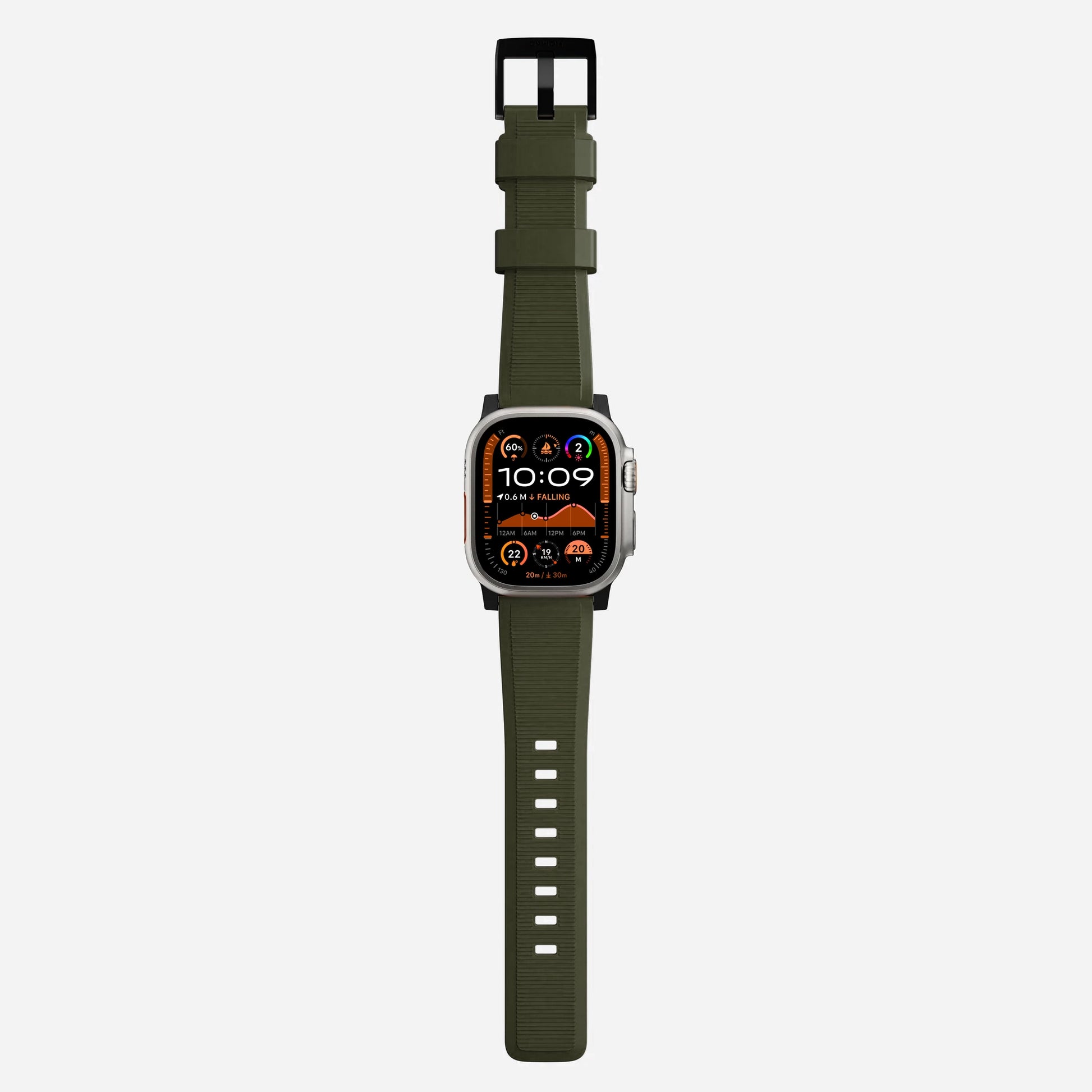 Ash green silicone with metal connectors, pin and buckle watch strap with compression grooves designed for apple watch series 10 45mm and 46mm and ultra 2 side angle