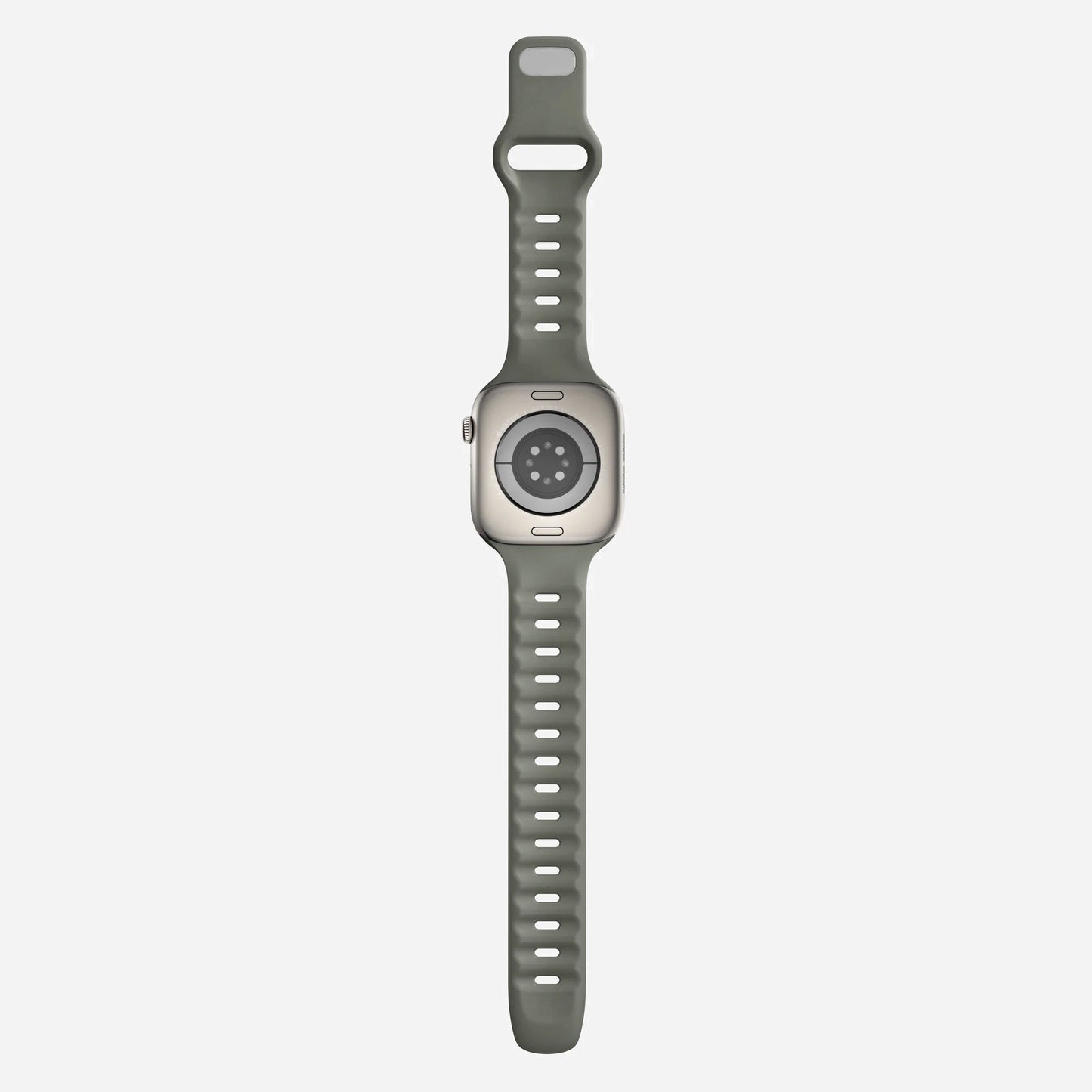 A ash Green colour premium silicone watch strap developed for apple watch series 11 size 42mm 46mm and apple watch ultra 3, designed for active sports activities with interior groves for breathability