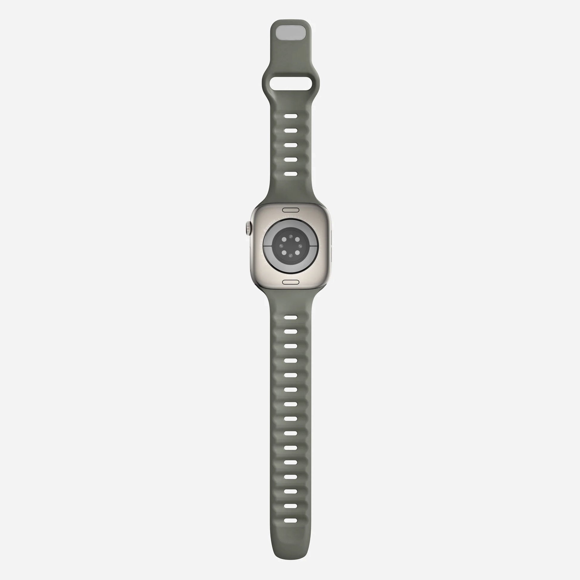 A ash Green colour premium silicone watch strap developed for apple watch series 11 size 42mm 46mm and apple watch ultra 3, designed for active sports activities with interior groves for breathability