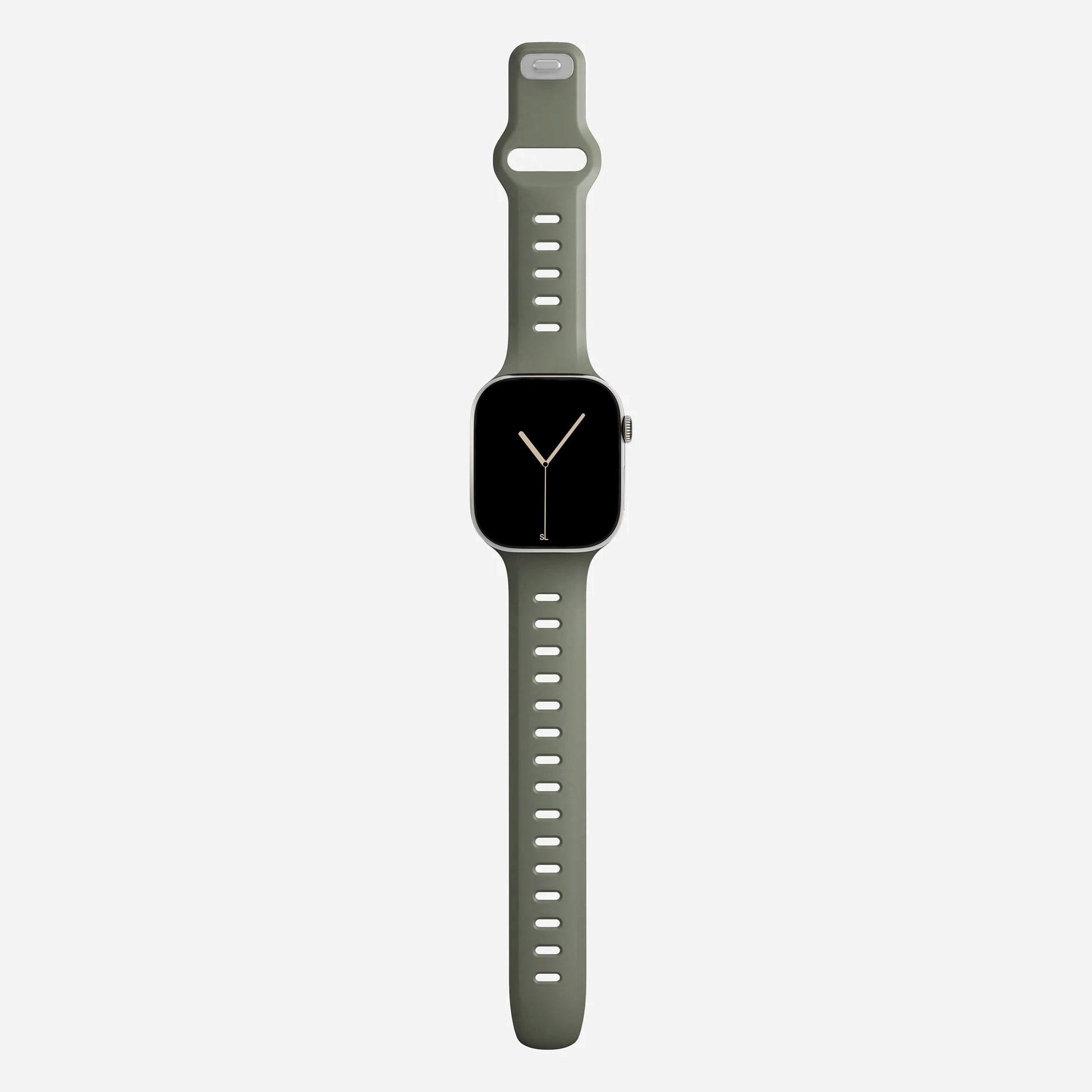 A ash Green colour premium silicone watch strap developed for apple watch series 11 size 42mm 46mm and apple watch ultra 3, designed for active sports activities with interior groves for breathability