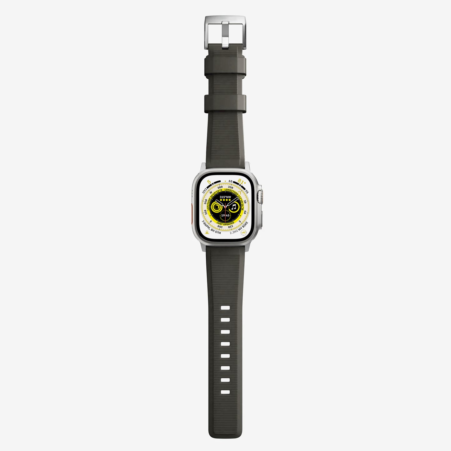 Ash green silicone with metal connectors, pin and buckle watch strap with compression grooves designed for apple watch series 10 45mm and 46mm and ultra 2 side angle