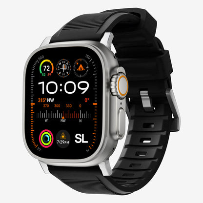 New black silicone with metal connectors, pin and buckle watch strap with compression grooves designed for apple watch series 10 45mm and ultra 2 black side angle