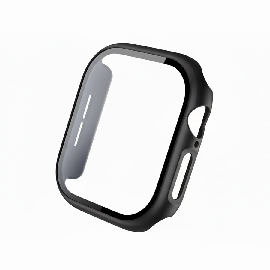 Black Colour made from polycarbonate material protector with a strong built in tempered glass screen to protect your apple watch series 11 42mm and 46mm from damage displayed on a tilted angle