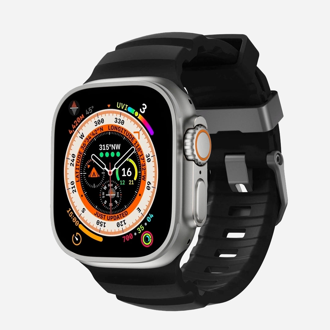 Black colour premium silicone extra thick watch strap band designed for adventurers and mountain hiking for Apple watch series 10 size 46mm and Ultra 2