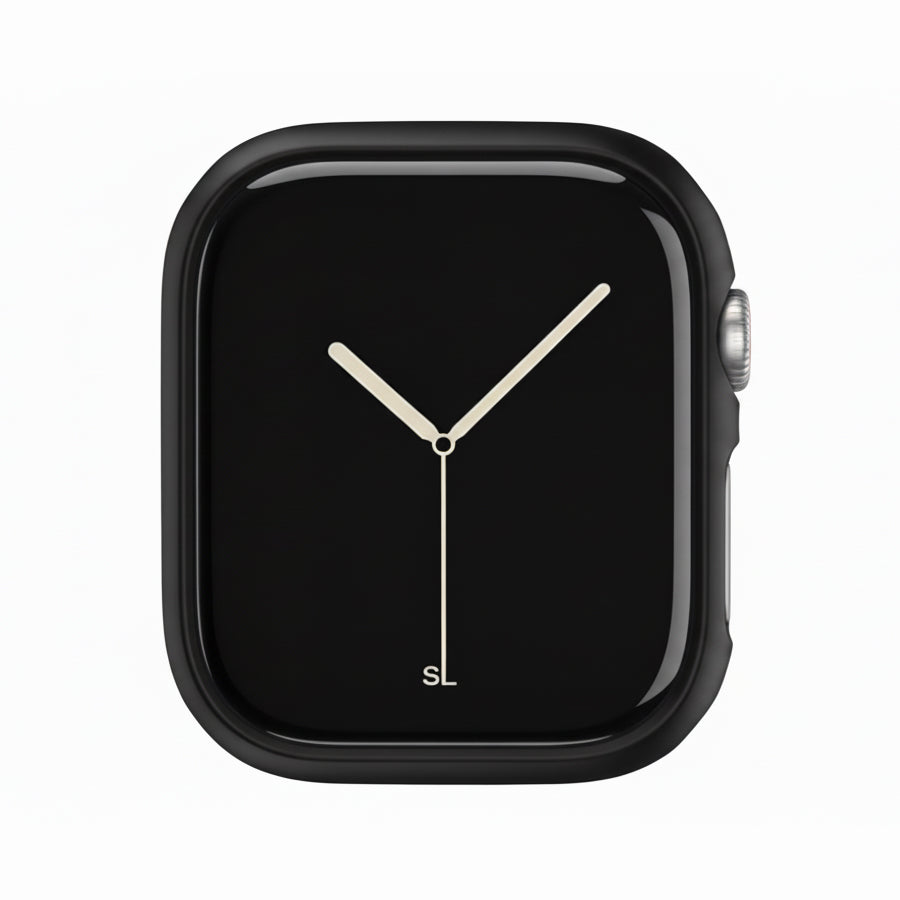 Black Colour made from polycarbonate material protector with a strong built in tempered glass screen to protect your apple watch series 11 42mm and 46mm from damage displayed on a tilted angle
