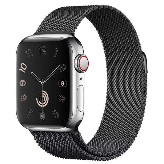 A classic black stainless steel milanese loop watch strap for the latest apple watch and ultra