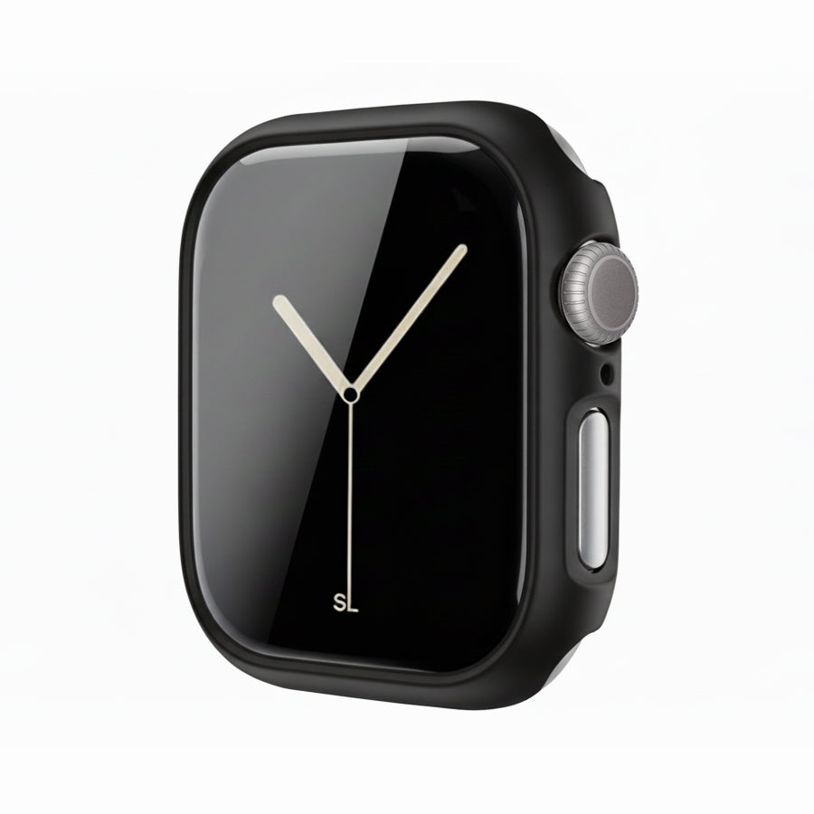 Black Colour made from polycarbonate material protector with a strong built in tempered glass screen to protect your apple watch series 11 42mm and 46mm from damage displayed on a tilted angle