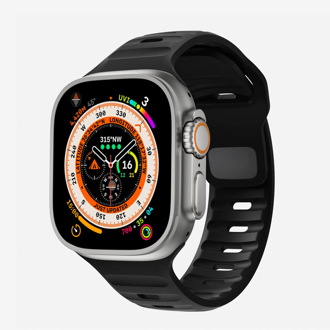 A black colour silicon watch strap for apple watch ultra 2 designed for sports and active activities