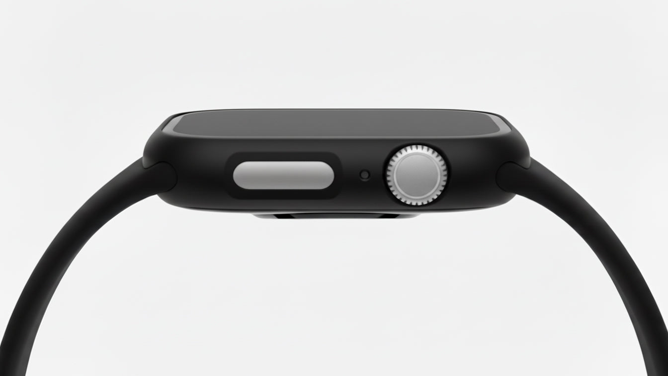 Black Colour made from polycarbonate material protector with a strong built in tempered glass screen to protect your apple watch series 11 42mm and 46mm from damage displayed on a tilted angle