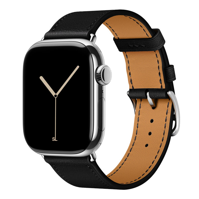 A handmade black with black stitching genuine leather single tour watch strap on an apple watch series 11 42mm and 45mm and 46mm.