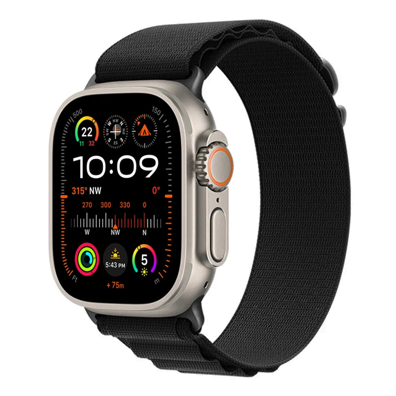 A black colour premium nylon watch strap band designed for adventurers and explorers that wear the Apple watch series 10 and Ultra 2