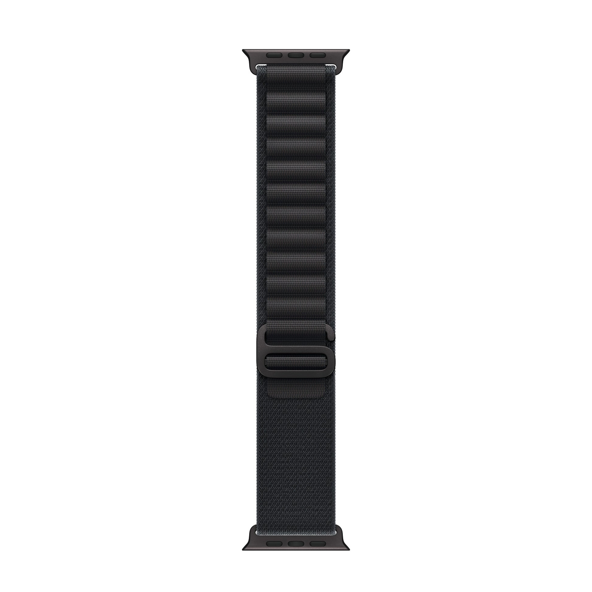 A black colour with black matte buckle premium nylon watch strap band designed for adventurers and alpine explorers that wear the Apple watch series 11 and Ultra 3 45mm 46mm 49mm