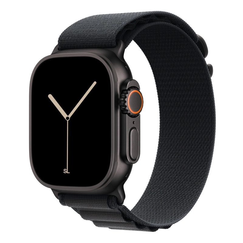 A black colour with black matte buckle premium nylon watch strap band designed for adventurers and alpine explorers that wear the Apple watch series 11 and Ultra 3 45mm 46mm 49mm
