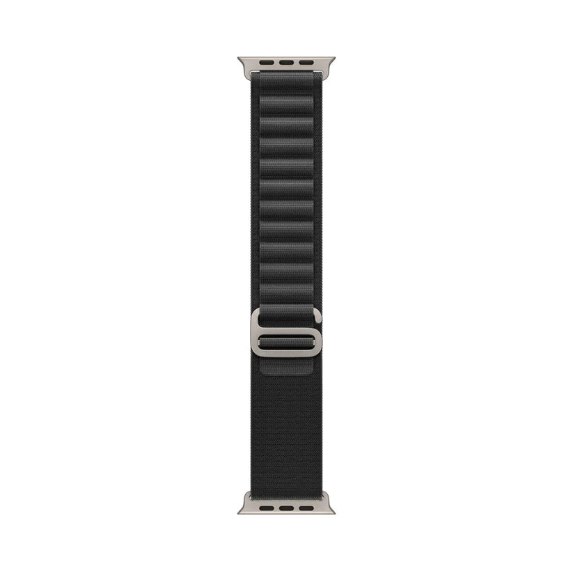 A black colour premium nylon watch strap band designed for adventurers and explorers that wear the Apple watch series 10 and Ultra 2