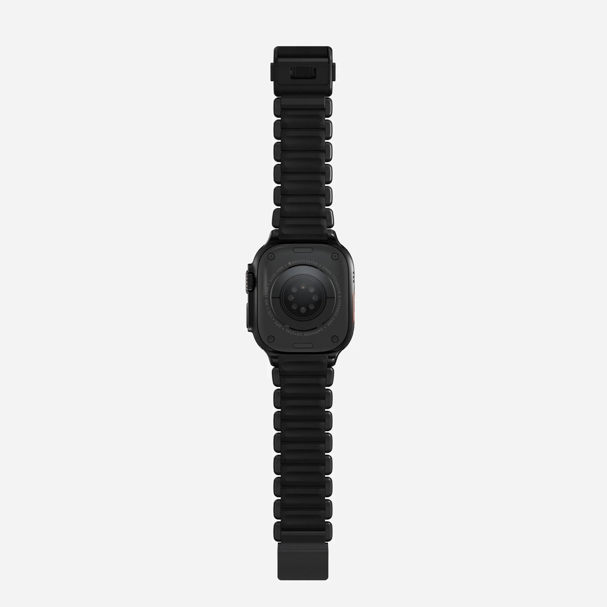 A black colour brushed titanium metal with silicone rubber hybrid strap on an Apple watch series 11 and ultra 3 42mm 45mm 46mm 49mm built with magnetic clasps
