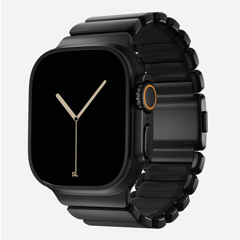 A black colour brushed titanium metal with silicone rubber hybrid strap on an Apple watch series 11 and ultra 3 42mm 45mm 46mm 49mm built with magnetic clasps