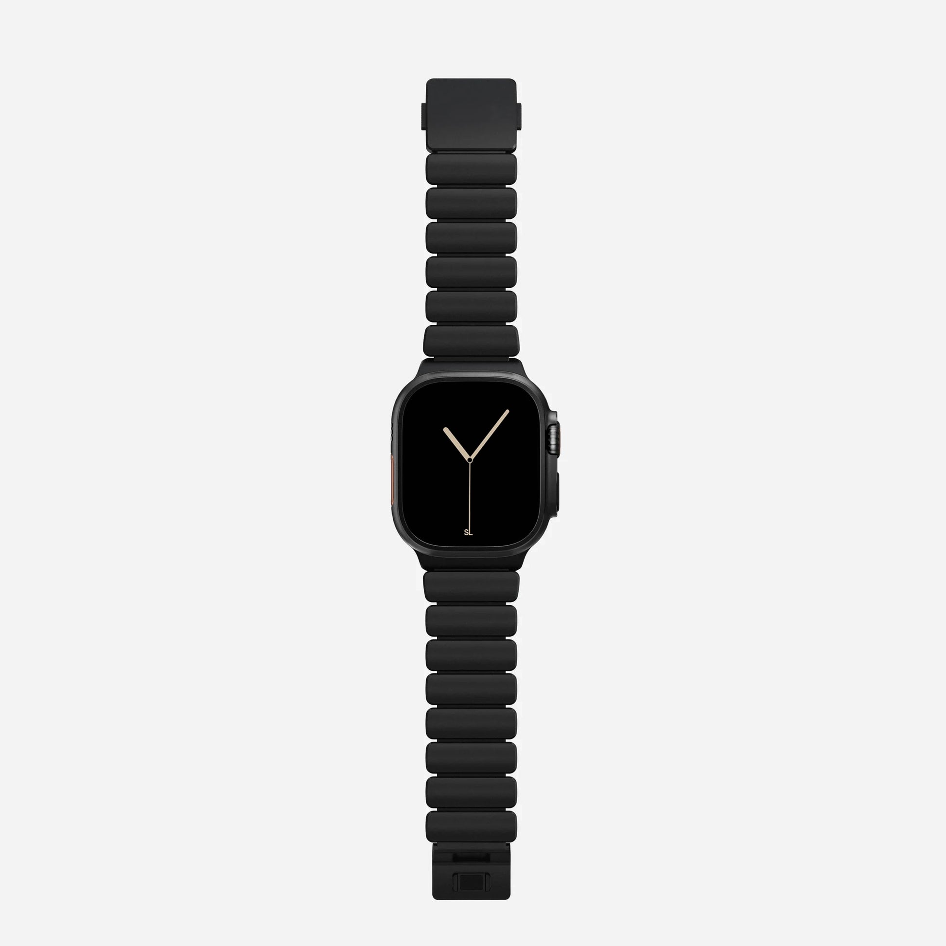 A black colour brushed titanium metal with silicone rubber hybrid strap on an Apple watch series 11 and ultra 3 42mm 45mm 46mm 49mm built with magnetic clasps