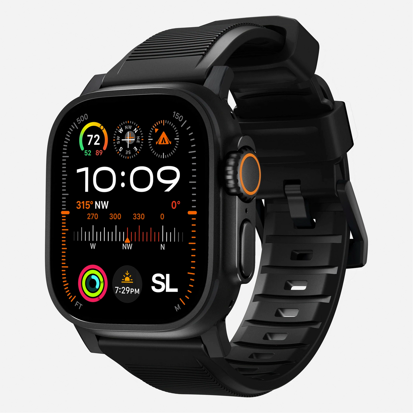 New black silicone with metal connectors, pin and buckle watch strap with compression grooves designed for apple watch series 10 45mm and ultra 2 black side angle