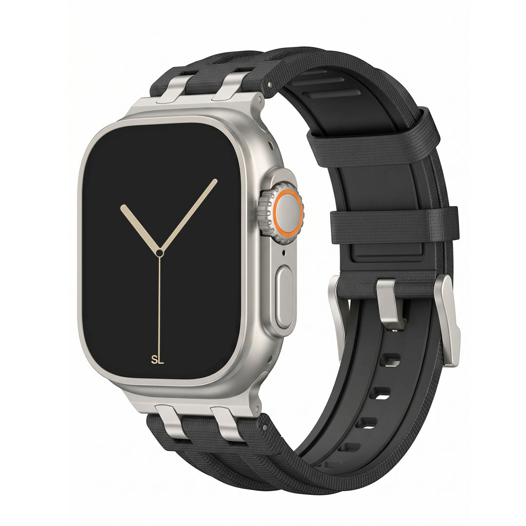 black colour apple watch strap made with FKM rubber premium with micro checkered texture for apple watch series 11 45m 46mm and ultra 1 - 3