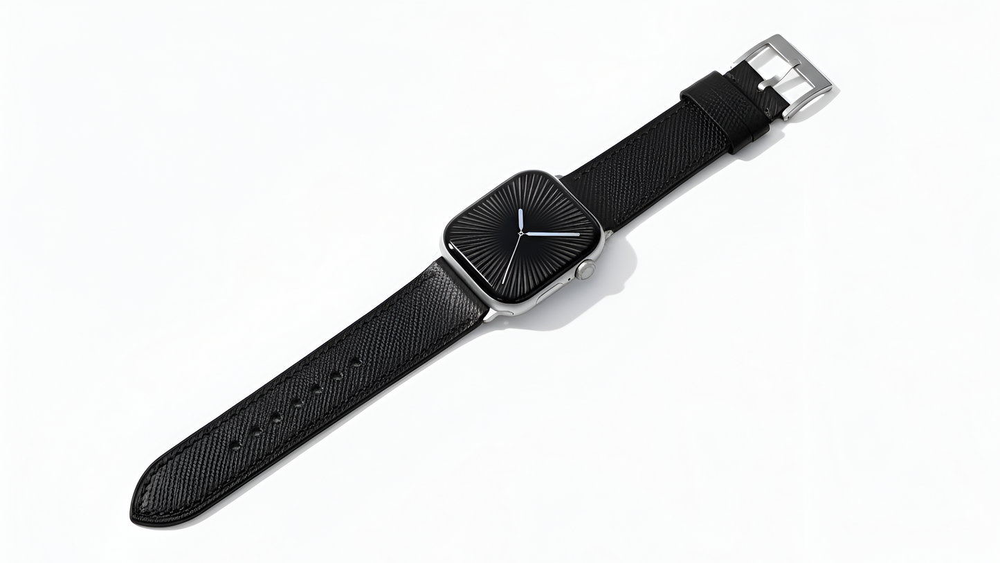 A set of black coloured Saffiano leather pattern handcrafted for apple watch series 11 45mm and 46mm  made for people to wear to work or to fancy event