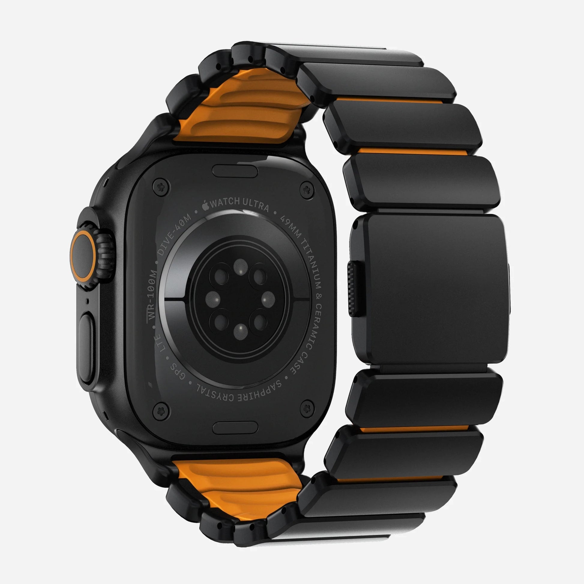 A orange colour brushed titanium metal with silicone rubber hybrid strap on an Apple watch series 11 and ultra 3 42mm 45mm 46mm 49mm built with magnetic clasps