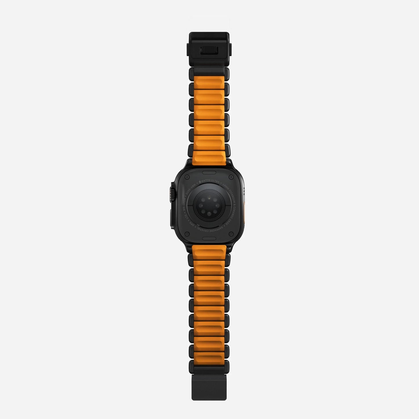 A orange colour brushed titanium metal with silicone rubber hybrid strap on an Apple watch series 11 and ultra 3 42mm 45mm 46mm 49mm built with magnetic clasps