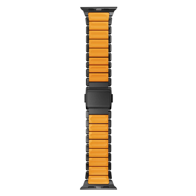 A orange colour brushed titanium metal with silicone rubber hybrid strap on an Apple watch series 11 and ultra 3 42mm 45mm 46mm 49mm built with magnetic clasps