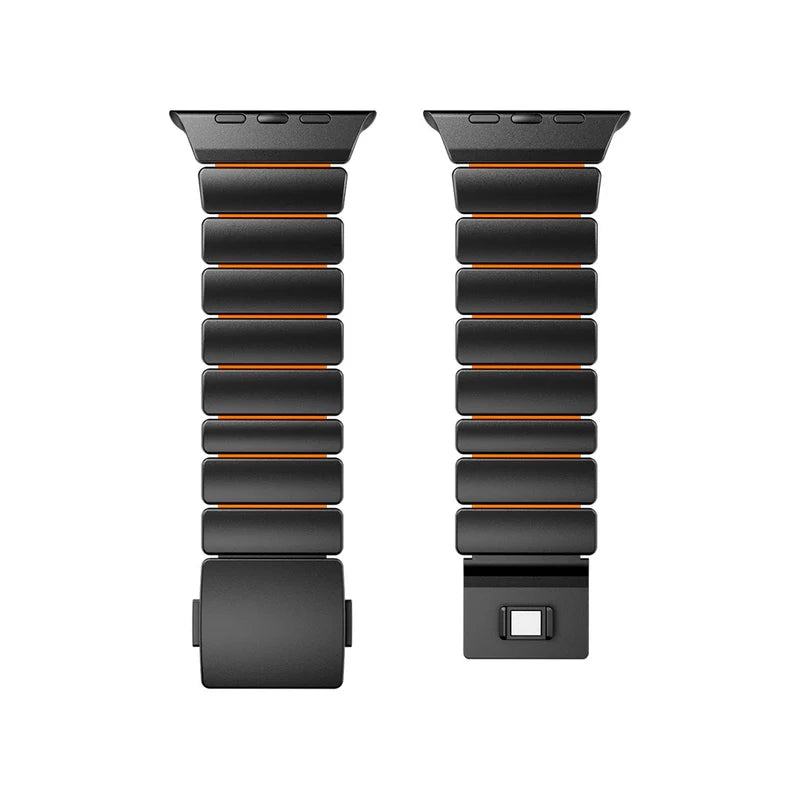 A orange colour brushed titanium metal with silicone rubber hybrid strap on an Apple watch series 11 and ultra 3 42mm 45mm 46mm 49mm built with magnetic clasps
