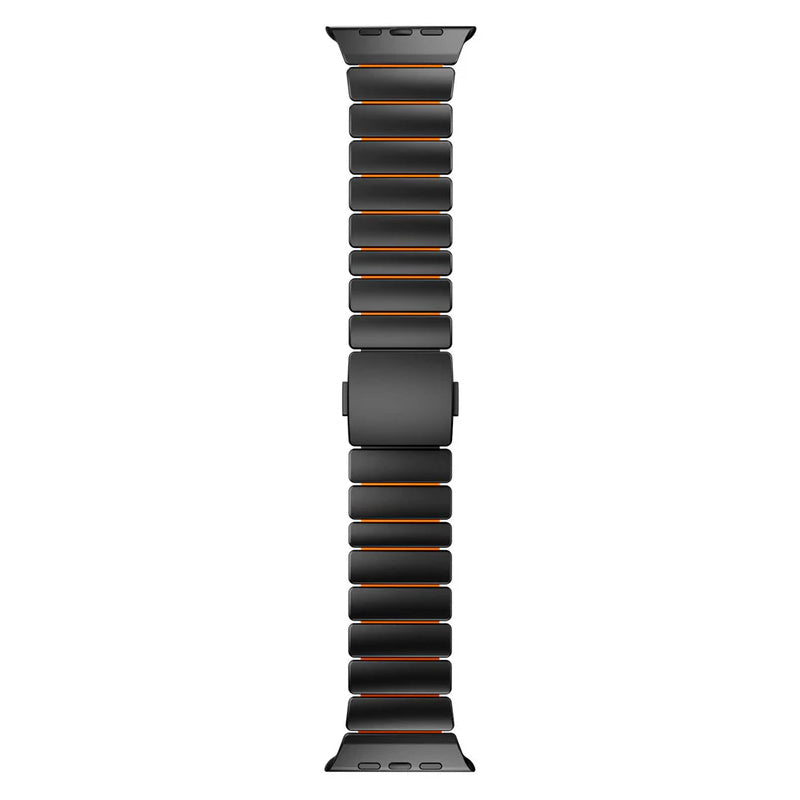 A orange colour brushed titanium metal with silicone rubber hybrid strap on an Apple watch series 11 and ultra 3 42mm 45mm 46mm 49mm built with magnetic clasps