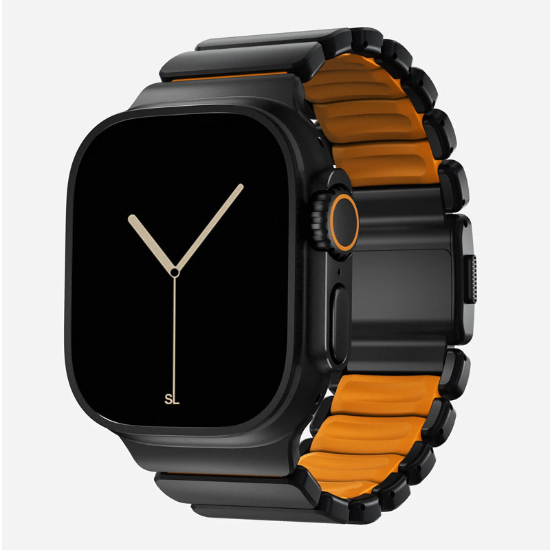 A orange colour brushed titanium metal with silicone rubber hybrid strap on an Apple watch series 11 and ultra 3 42mm 45mm 46mm 49mm built with magnetic clasps