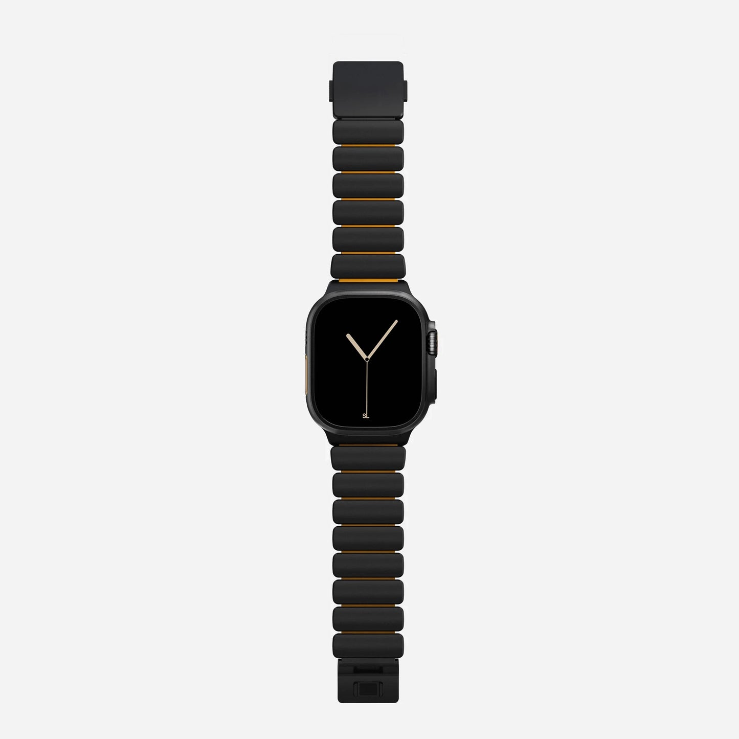A orange colour brushed titanium metal with silicone rubber hybrid strap on an Apple watch series 11 and ultra 3 42mm 45mm 46mm 49mm built with magnetic clasps