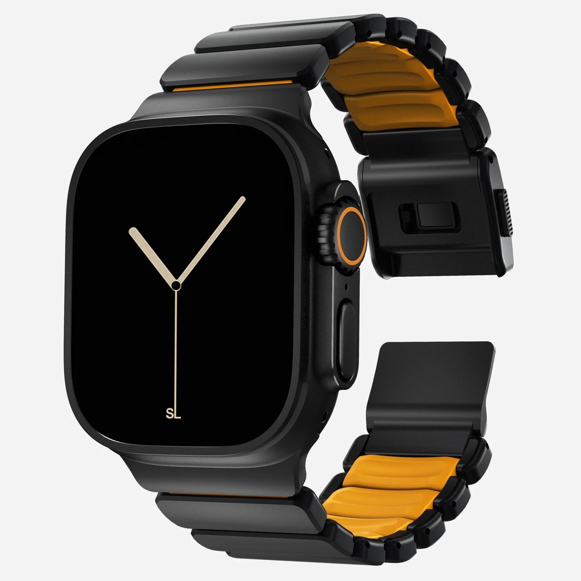 A orange colour brushed titanium metal with silicone rubber hybrid strap on an Apple watch series 11 and ultra 3 42mm 45mm 46mm 49mm built with magnetic clasps