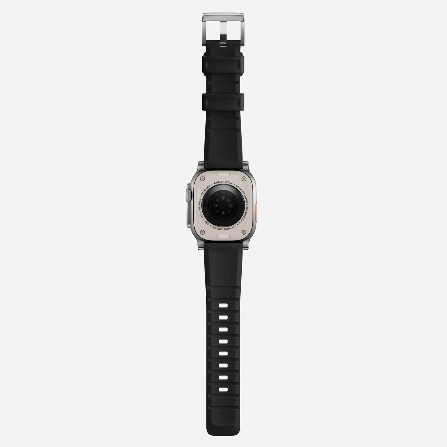 New black silicone with metal connectors, pin and buckle watch strap with compression grooves designed for apple watch series 10 45mm and ultra 2 black side angle