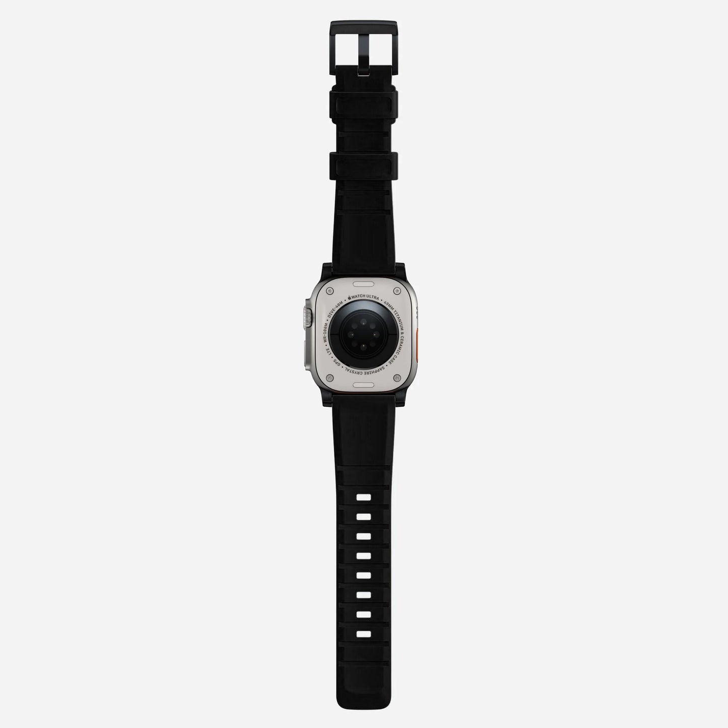 New black silicone with metal connectors, pin and buckle watch strap with compression grooves designed for apple watch series 10 45mm and ultra 2 black front angle