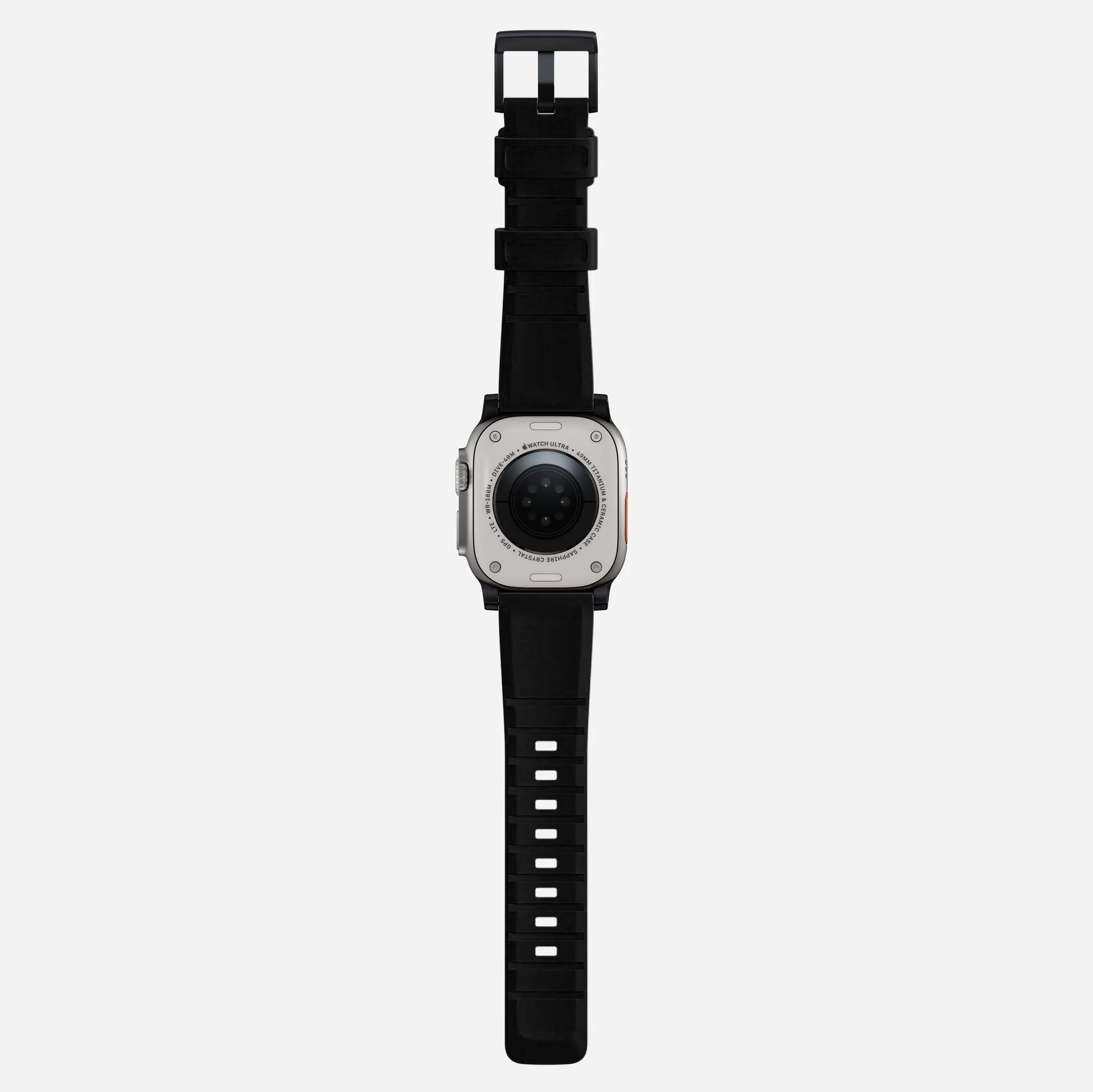 New black silicone with metal connectors, pin and buckle watch strap with compression grooves designed for apple watch series 10 45mm and ultra 2 black front angle