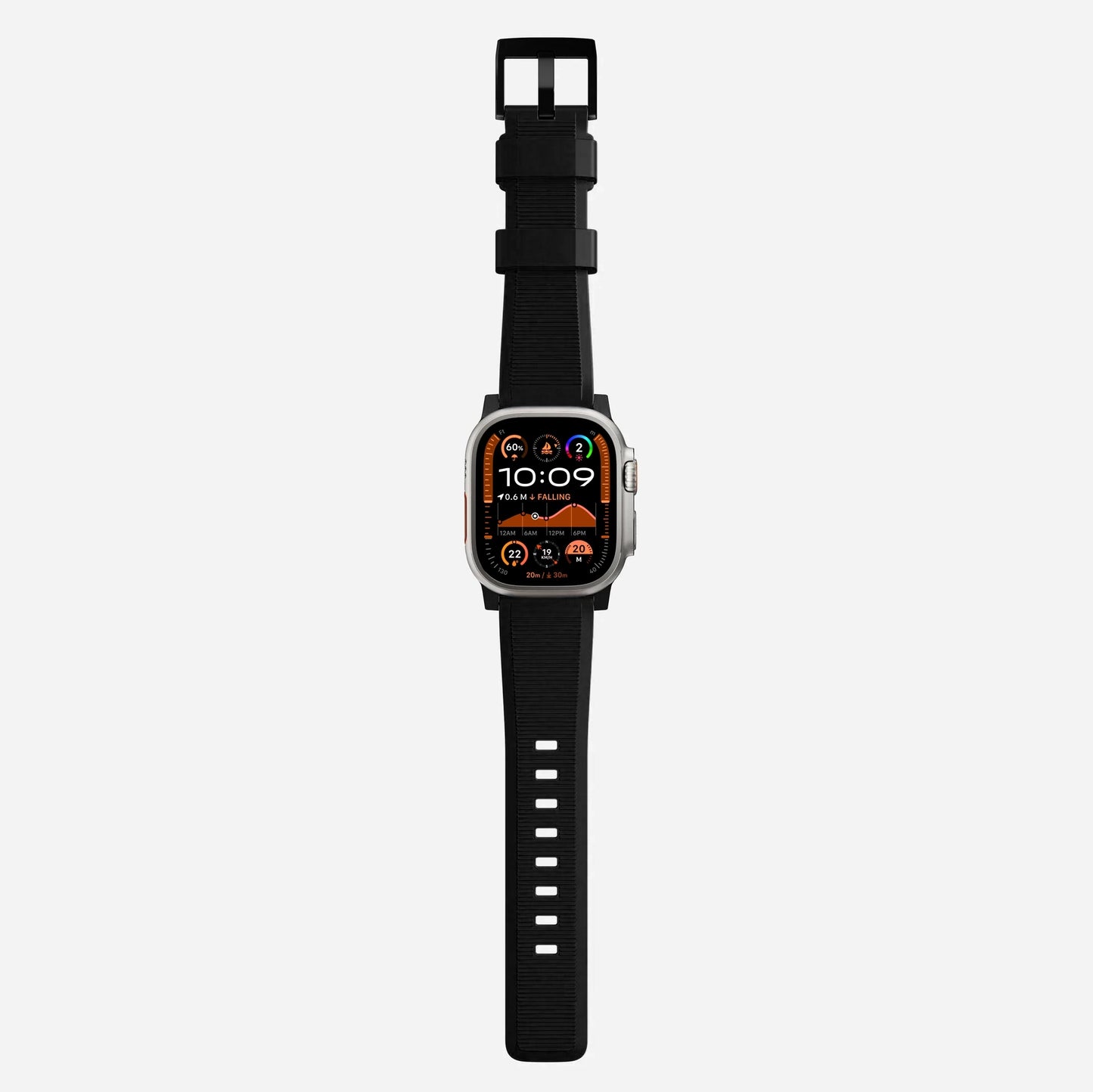 New black silicone with metal connectors, pin and buckle watch strap with compression grooves designed for apple watch series 10 45mm and ultra 2 black side angle