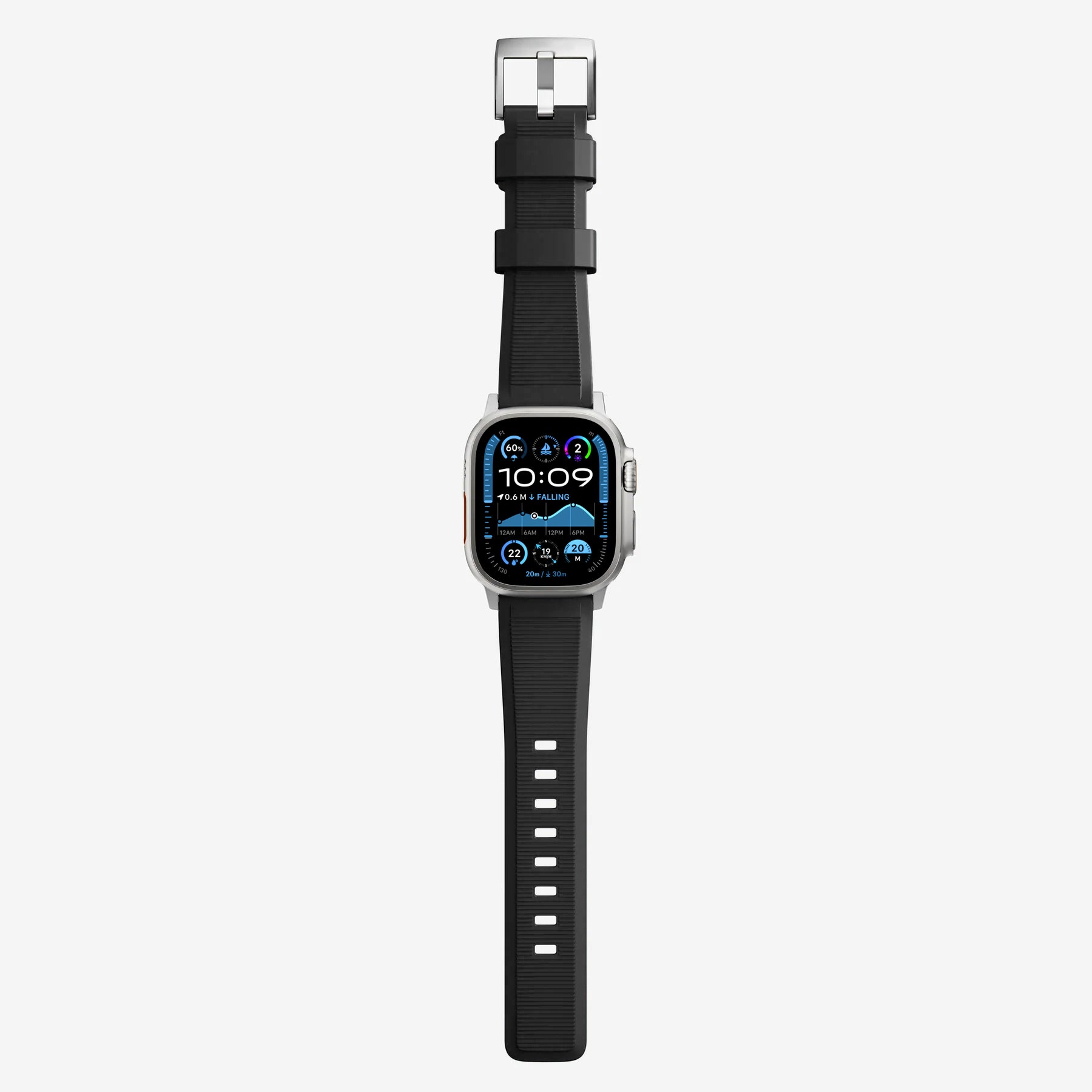 New black silicone with metal connectors, pin and buckle watch strap with compression grooves designed for apple watch series 10 45mm and ultra 2 black side angle