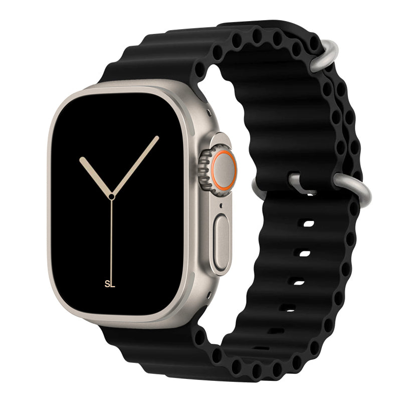 A black colour watch strap band made from silicone  with two metal buckles on an Apple watch series 10 42mm/ 45mm/ 46mm and ultra 2 designed for the ocean and active sports