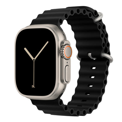 A black colour watch strap band made from silicone  with two metal buckles on an Apple watch series 10 42mm/ 45mm/ 46mm and ultra 2 designed for the ocean and active sports
