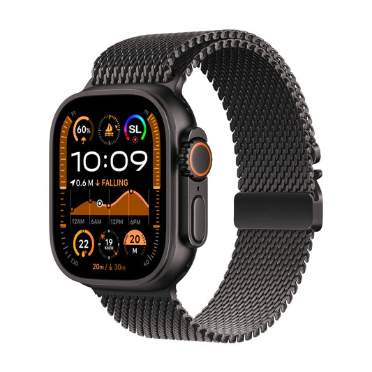 A black titanium colour looking watch strap band inspired by the titanium metal milanese for Apple watch series 10 and Ultra 2