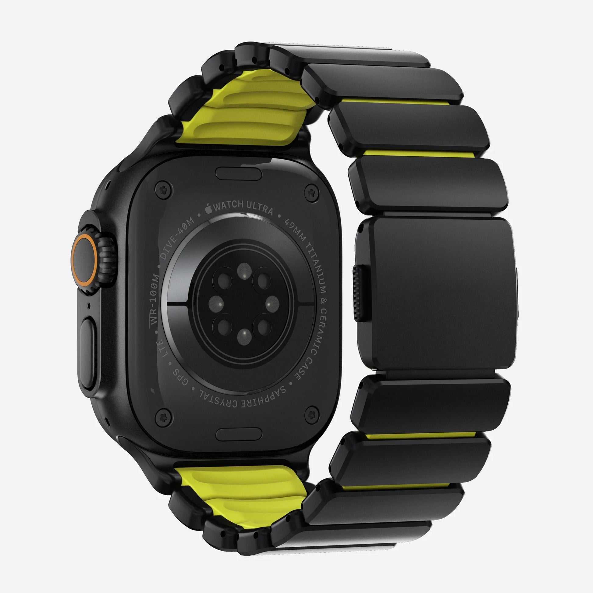 A volt yellow green colour brushed titanium metal with silicone rubber hybrid strap on an Apple watch series 11 and ultra 3 42mm 45mm 46mm 49mm built with magnetic clasps